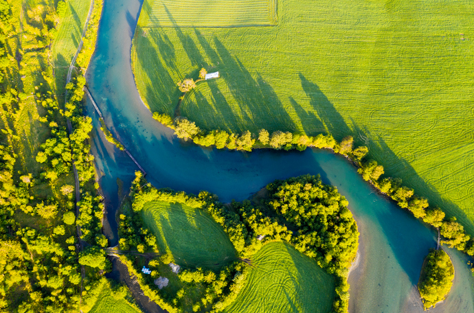 Aerial view of farm and river